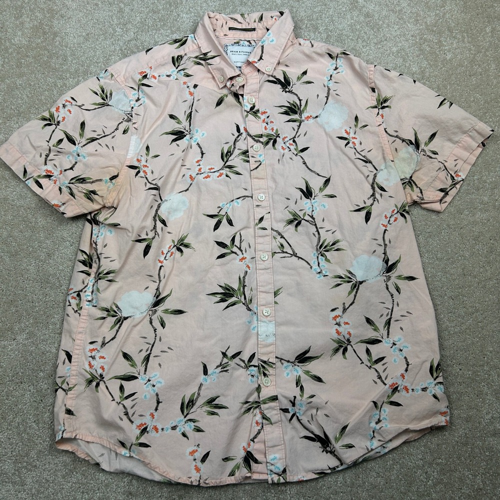 Denim & Flower Men's Shirt L Pink Floral Slim Fit Short Sleeve Button Down